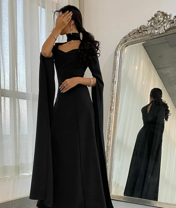 Niulatu High Neck Sweetheart Neckline Floor Length Black Crepe Long Evening Dress HZ1007